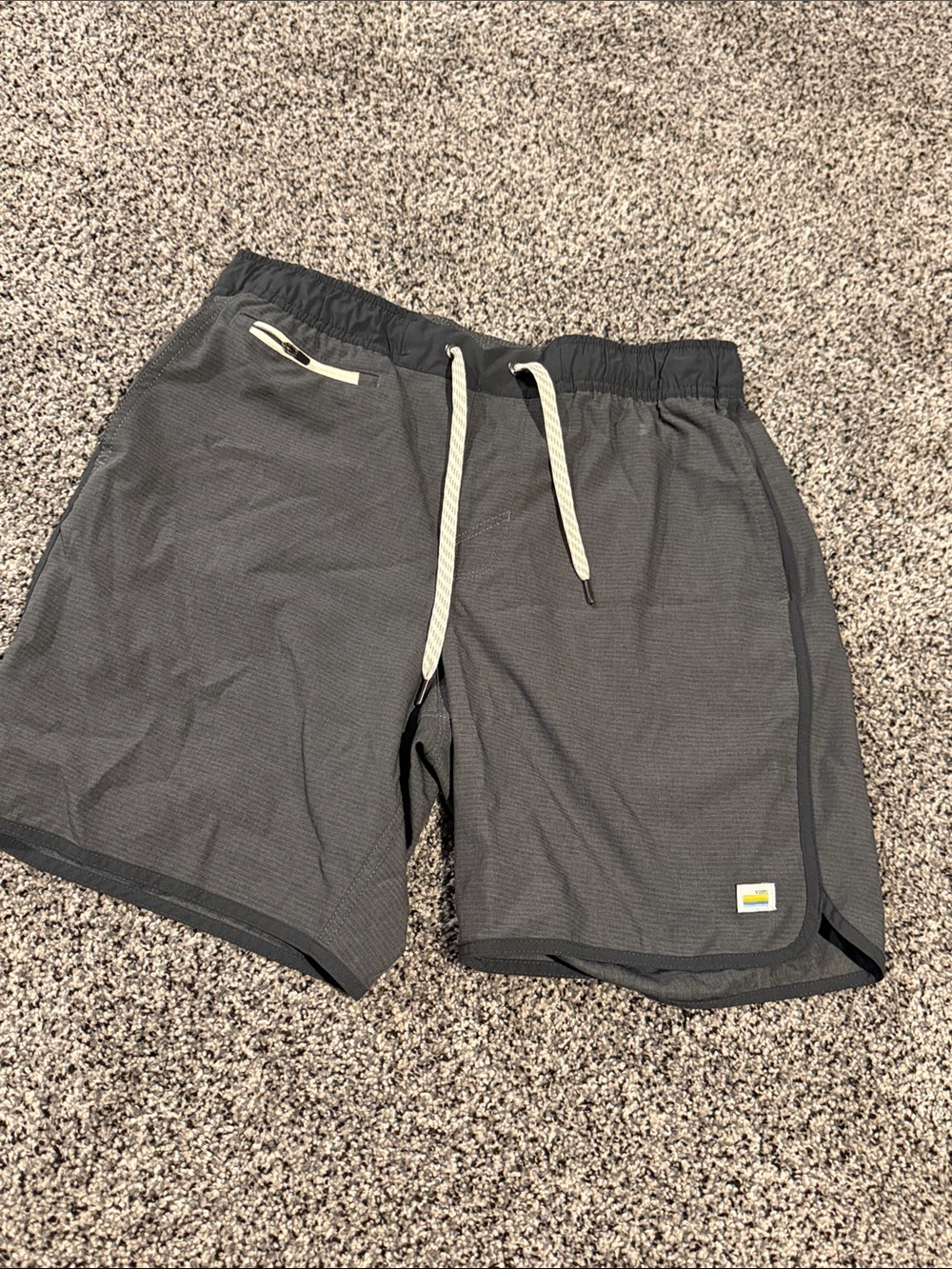 Vuori Charcoal Athletic Shorts with Cream Drawstring